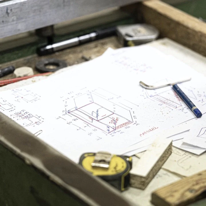 Primer plano de planos técnicos de carpintería detallados y herramientas de medición como una cinta métrica y lápices sobre una mesa de madera de taller