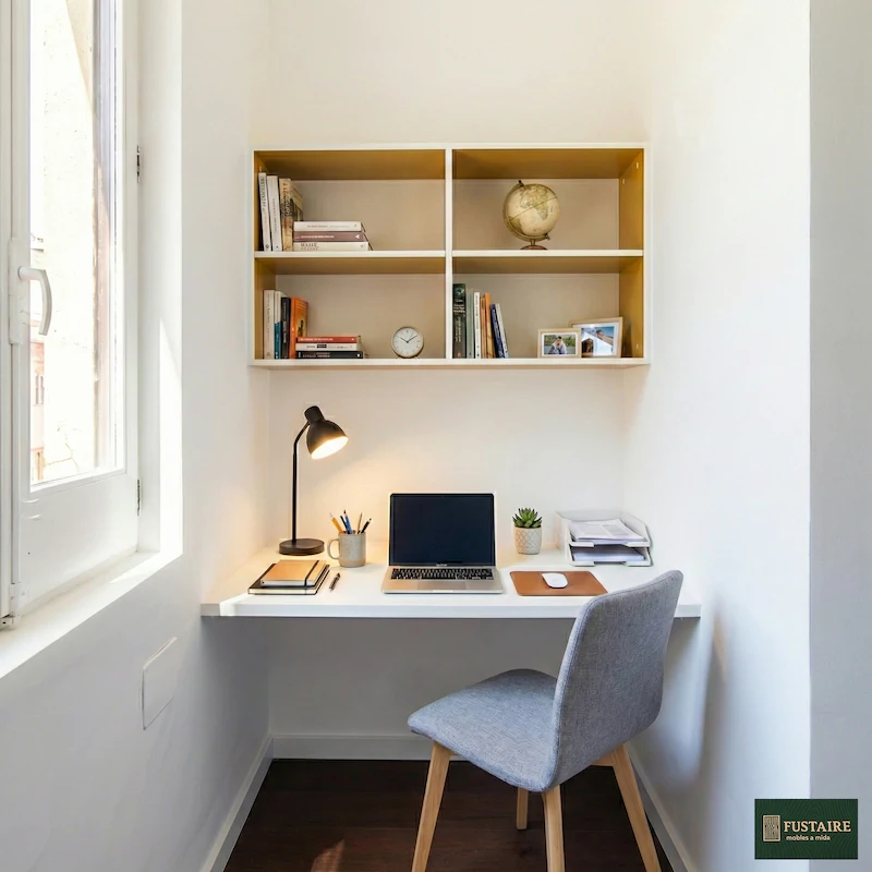 Escritorio blanco flotante a medida para teletrabajo instalado en un hueco estrecho entre dos paredes junto a una ventana, con estantería superior lacada en blanco y mostaza.