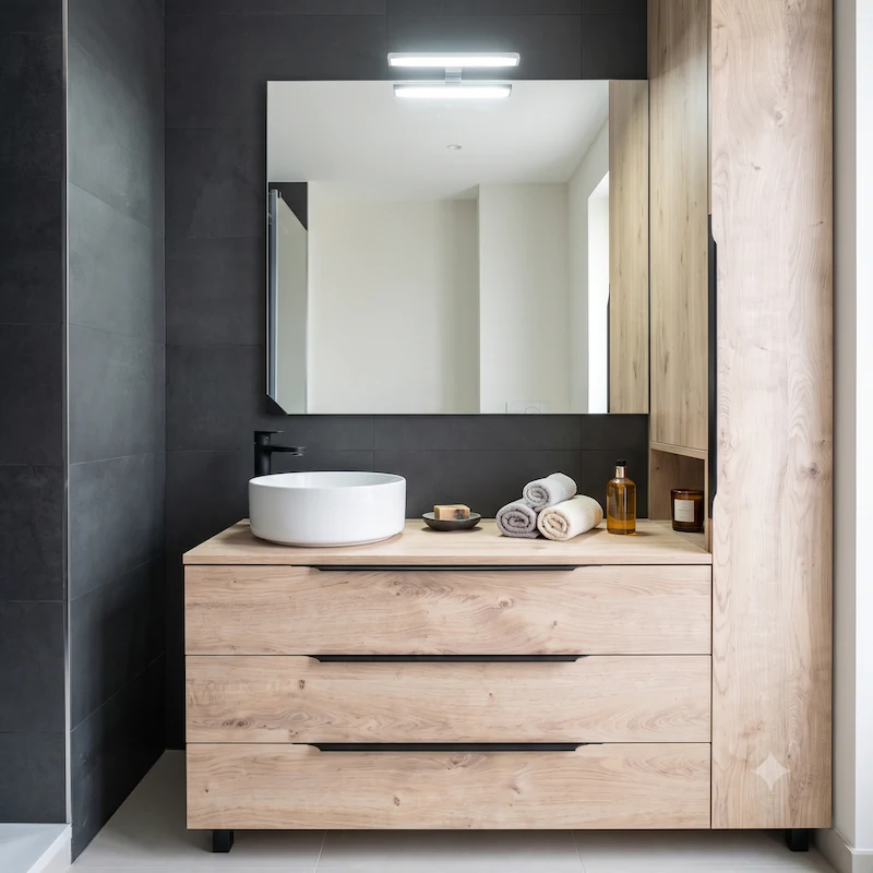 Mueble de baño a medida en madera de roble con cajones amplios, lavabo sobre encimera y armario columna lateral fabricado por Fustaire