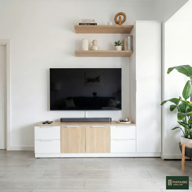 Mueble de salón a medida para televisión en acabado blanco mate y madera de roble natural, con cajones inferiores, columna vertical de almacenaje y estantes flotantes.