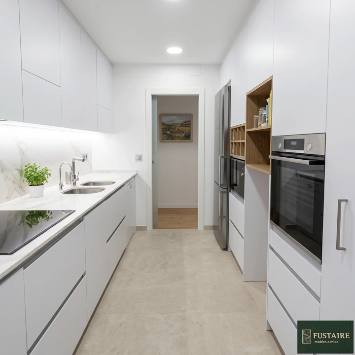 Reforma integral de cocina moderna en paralelo blanca y madera a medida en Barcelona por Fustaire.